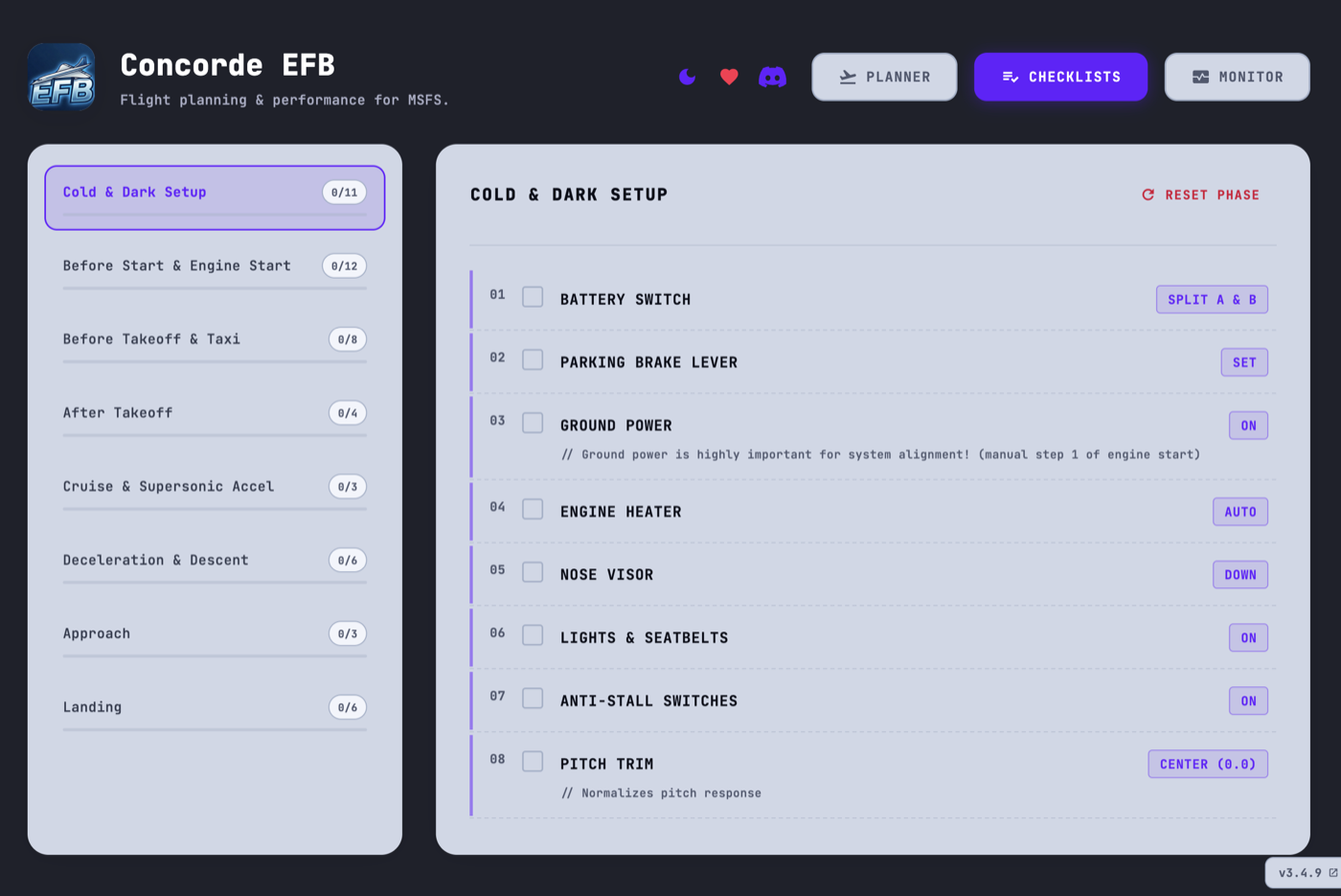 Concorde EFB interactive checklist screen for cold and dark setup
