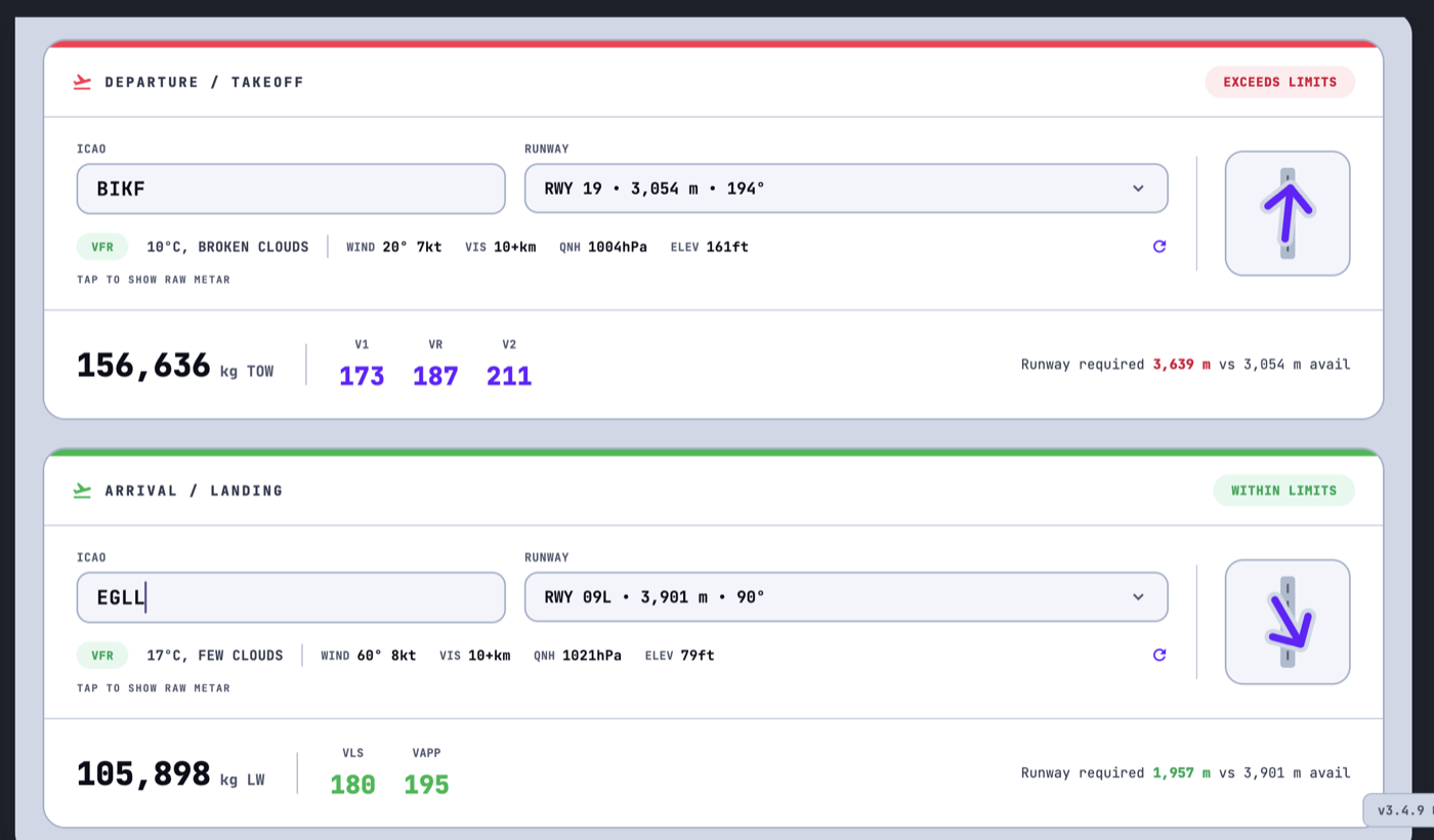 Concorde EFB performance calculator showing takeoff and landing V-speeds