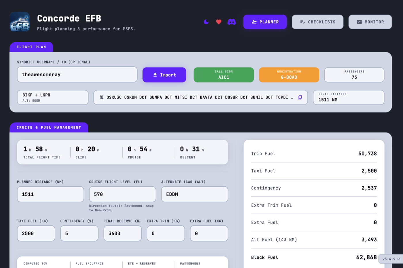 Concorde EFB flight planner screen in light theme